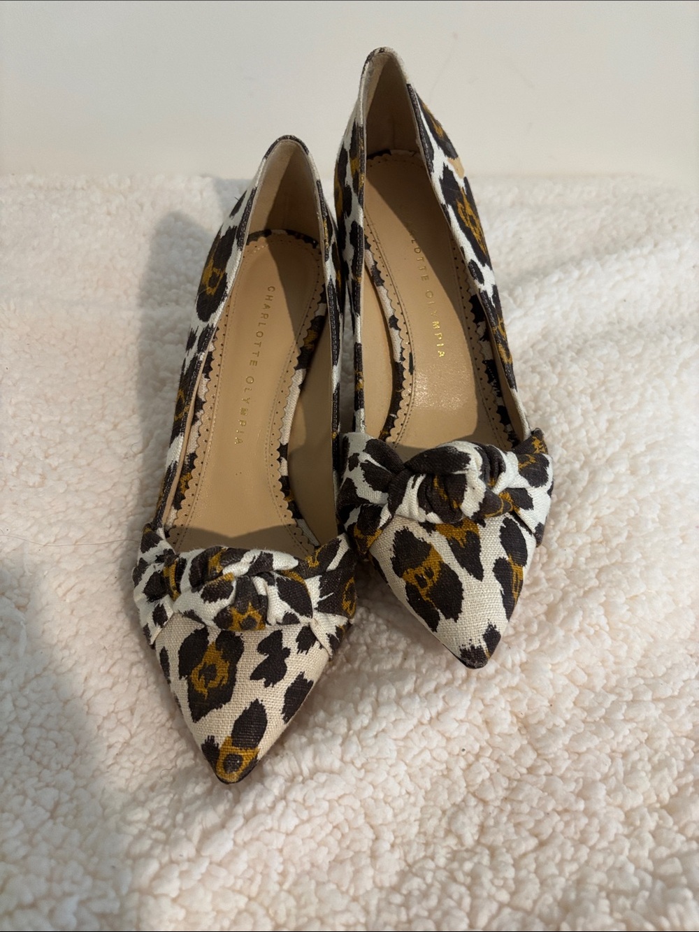 Charlotte Olympia Leopard-Print Pointed Toe Flats in White, Black & Gold